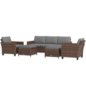5-Piece Patio Furniture Set with PE Rattan Three-Seater Sofa, Armchairs, Footstools, Cushions, Mixed Brown (Option: Mixed-brown-720x580x580 mm)