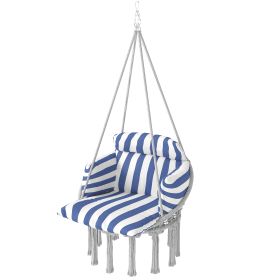 Hammock Swing Chair, Macrame Hanging Chair with Large Cushion, Chain, Steel Frame for Indoor Outdoor Use, Blue and White (Option: Blue, White-830x830x60 mm)