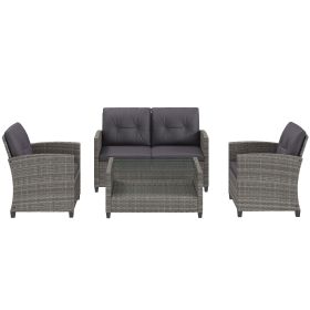 4 Piece PE Rattan Wicker Patio Furniture Set with Two-tier Coffee Table and Cushions, Charcoal (Option: Gray, Charcoal-1150x740x300 mm)