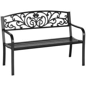 50" Outdoor Bench, Metal Garden Bench with Floral Pattern Backrest, Porch Bench with Slatted Seat for Park, Yard, Lawn, Black (Option: Black-1305x650x135 mm)