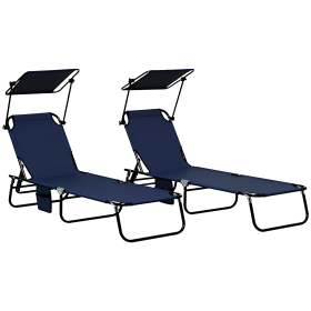 Folding Chaise Lounge Pool Lounge Chairs Set of 2, Outdoor Sun Tanning Chairs with Canopy Shade, Reclining Back, Steel Frame and Side Pocket for (Option: Dark Blue-800x250x580 mm)