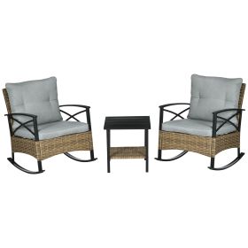3 Piece Patio Rocking Chair Set, Outdoor Wicker Bistro Set with 2 Oversize Cushioned Porch Rockers and 2 Tier Coffee Table for Garden, Porch, Ba (Option: Light Gray-770x450x640 mm)