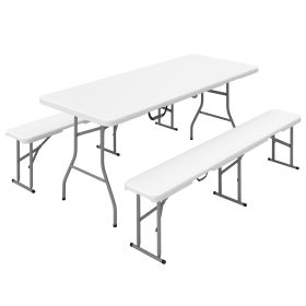 6FT 3 PCS Portable Camping Table and Chairs, Folding Picnic Table Bench Set with Carrying Handles for BBQ, Party, White (Option: White-1020x810x170 mm)