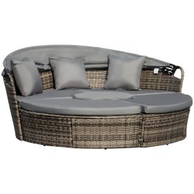 4-Piece Round Convertible Daybed with Cushions, Outdoor PE Rattan Patio Wicker Sofa Set, Sunbed with Adjustable Sun Canopy, Sectional Sofa, 2 Ch (Option: Gray-1170x320x610 mm)