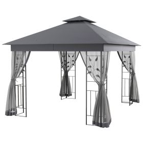 10' x 11.5' Metal Patio Gazebo, Double Roof Outdoor Gazebo Canopy Shelter w/Tree Motifs Corner Frame and Netting, Gray (Option: Gray-1990x440x185 mm)