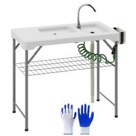 Folding Fish Cleaning Table with Sinks, Portable Camping Sink Table with Faucet, Drainage Hose, Sprayer, Shelf, Drawer and Storage Basket, Outdo (Option: White-1130x620x95 mm)