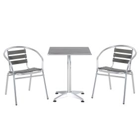 3-Piece Outdoor Patio Bistro Table Set with Aluminum Frame, Woodgrain-Style Tabletop & Draining Slat Design (Option: Grey-670x130x670 mm)