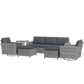 6-Piece Rattan Patio Furniture Set with 3-Seater Sofa, Swivel Rocking Chairs, Footstools, 2 Tier Table, Mixed Gray (Option: Mixed-Gray-720x580x580 mm)