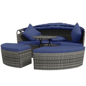 4 Piece Round Rattan Daybed Furniture Set, Canopy, Outdoor Sofa, 2 Chairs, Extending Table Ottoman Chair, Pillows, Blue (Option: Dark Blue-1170x320x610 mm)