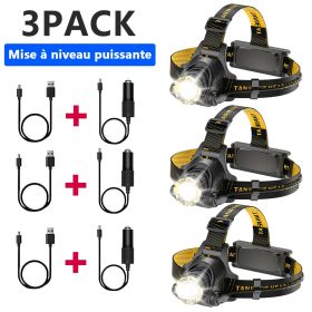 LED Headlamp Rechargeable Head Torch Zoom Headlight Lamp Powerful Flashlight Fishling Driving Camping Light With 3 Modes Work Light (Color: 3PACK)