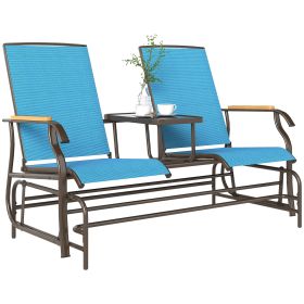 Outdoor 2-Person Glider Bench, Outside Glider Swing Chair Loveseat with Table, Steel Frame, Blue (Option: Blue-1430x700x200 mm)