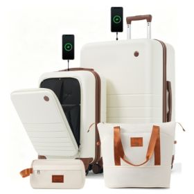 4-Piece Luggage Set With USB Charging Ports  20in Carry-On Front-Opening For Laptop 28in Checked Suitcase With TSA Lock Travel Duffel Bag Wet-Dry (Option: As shown)