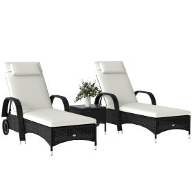 Wicker Outdoor Chaise Lounge Chair Set of 3 with Side Table, 5-Level Adjustable Backrest PE Rattan Pool Lounge Chair with Wheels, Cushion & Head (Option: Black, Cream White-1230x530x290 mm)