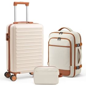 3-Piece Travel Luggage Set With Backpack, TSA Lock Hard Shell Carry On Suitcase And Travel Bag (Option: Beige)