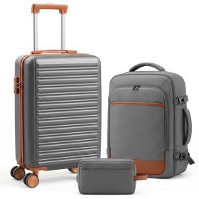 3-Piece Travel Luggage Set With Backpack, TSA Lock Hard Shell Carry On Suitcase And Travel Bag (Option: Gray)