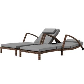 Set of 2 Wicker Chaise Lounge Chair Outdoor Patio Lounger with 5 Adjustable Back, Wheels, Cushion, and Armrests, Gray (Option: Gray-1040x650x310 mm)
