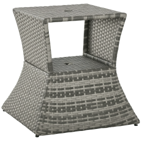 Outdoor Side Table with Umbrella Hole, 2 Tier Rattan Wicker End Table with Storage Shelf, All Weather for Outdoor, Patio, Garden, Backyard, Mixe (Option: Gray-570x320x570 mm)