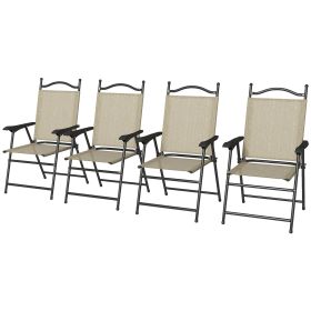 4 Piece Folding Patio Camping Chair Set, Sports Chairs for Adults with Armrests, Mesh Fabric Seat for Lawn, Beige (Option: Beige-950x370x580 mm)