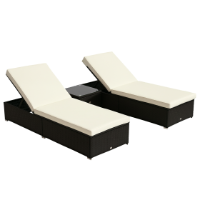 Chaise Lounge Chair Set of 2 with 5 Angle Backrest, Outdoor Coffee Table, Water Repellent Cushions, PE Rattan Wicker Poolside Chairs, 3-Piece Po (Option: Cream White-1195x730x290 mm)